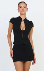 Briony Top - High Neck Front Key Hole Hook And Eye Top in Black