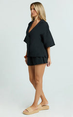 Saina Two Piece Set - Button Through Shirt and Drawstring Shorts Set in Black
