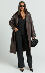Vicki Trench Coat - Faux Leather Washed Trench Coat in Chocolate