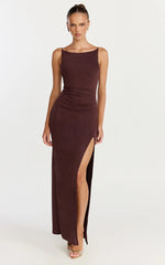 Audette Maxi Dress - Boat Neck Ruched Fitted Dress in Chocolate