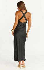 Khalani Maxi Dress - Deep V Neck Satin Slip Dress in Black