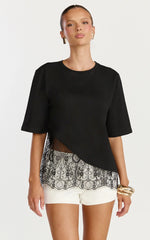 Abby Top - Asym Tee with Lace Trim in Black