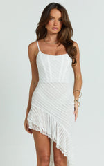 Uma Mini Dress - Strappy Scoop Neck Ruffle Hem Fitted Dress in White