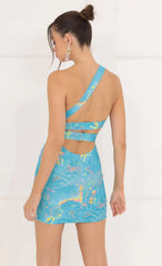 Galaxy Foil Print Bodycon Dress in Blue