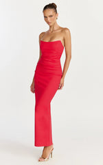 Pietra Midi Dress - Scoop Neck Side Seam Tucks Fitted Dress in Red