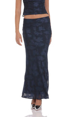 Burnout Floral Maxi Skirt in Navy