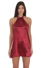 Satin Halter Shift Dress in Maroon