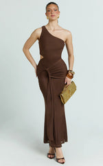 Mandy Midi Dress - Knot Detail Cut Out Mesh Dress in Chocolate