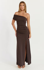 Opal Maxi Dress - Off Shoulder Gathered Bodice Fit And Flare Dress in Dark Chocolate