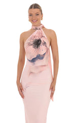 Mesh Floral Scarf Strap Maxi Dress in Pink