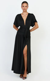 Liana Maxi Dress - Wide Sleeve Tie Waist Maxi Dress in Black