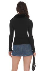 Fur Collar Zip-Up Cardigan in Black