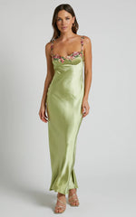 Harmony Maxi Dress - Floral Detail Cup Bust Satin Dress in Citrus