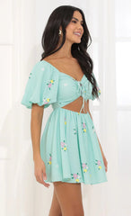 Puff Sleeve Tummy Cutout Dress in Green