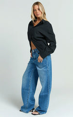 Amaris Top - Long Sleeve Open Back Tie Shirt in Black