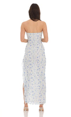 Strapless Floral Lace Ruffle Slit Dress in Pastel Blue