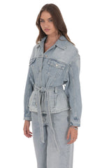 Oversized Belted Denim Jacket in Light Blue