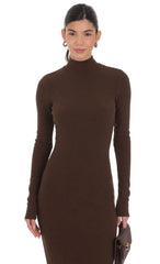 Ribbed Knit Mock Neck Maxi Dress in Brown