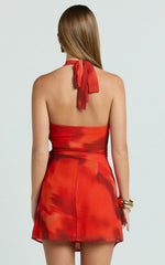 Eva Mini Dress - Plunge Halter Wrap Dress in Abstract Adeana Print