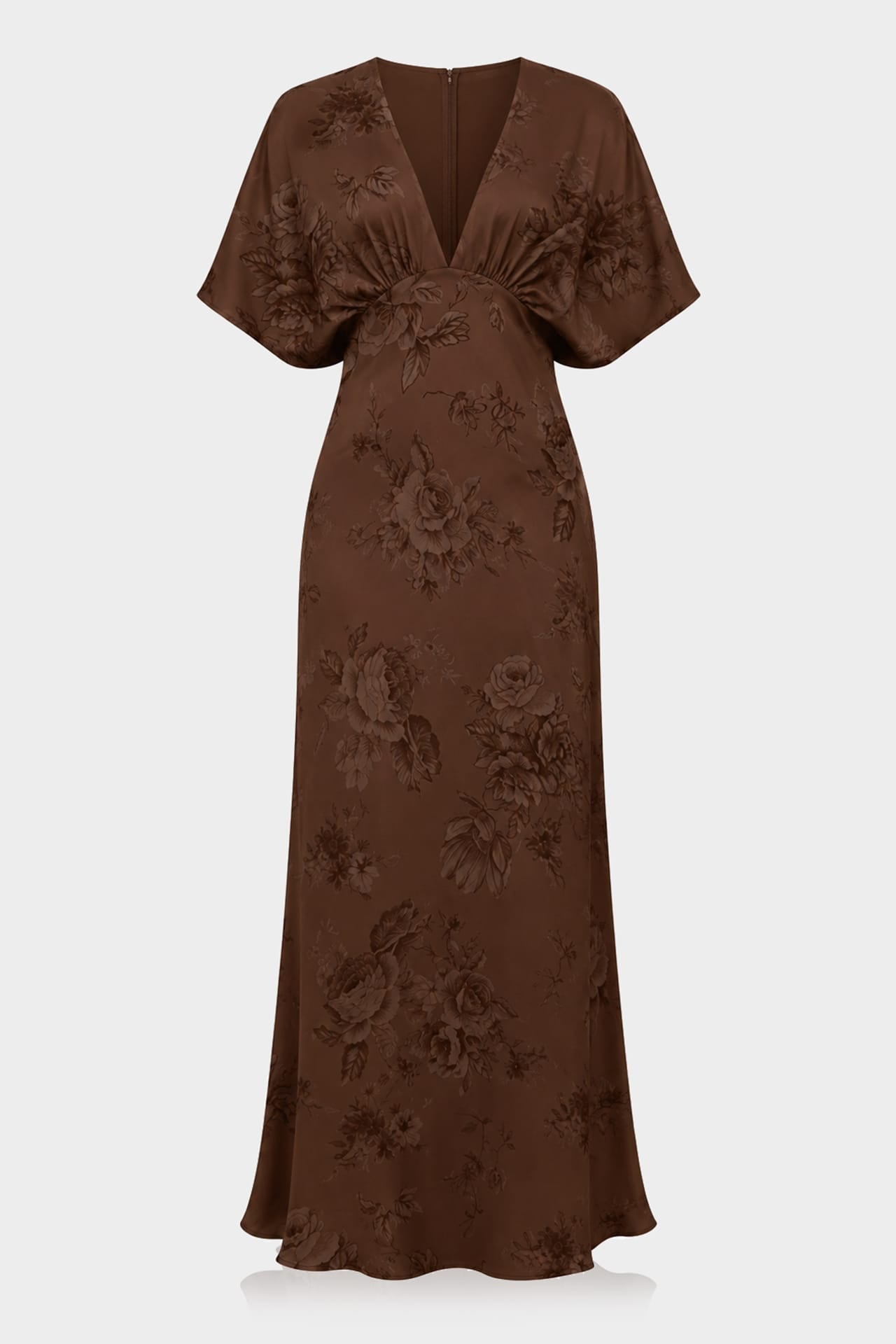 Shasi Chocolate V-Neck Floral Satin Bridesmaid Dress with Flutter Sleeves- Rustic Wedding dress