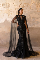 Gothic Black Sequin Evening Dress with Long Cape Sleeves - Black Beaded Gown Plus Size