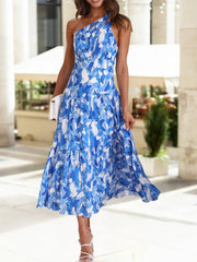 Blue Floral Sleeveless Maxi Dress Women’s Knot Strap, Shirred Back, Flowy Fit