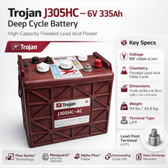 Trojan J305HC Deep Cycle Battery — 6V 335Ah (Flooded Lead Acid) Sealed Lead Acid Trojan