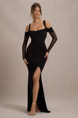 Milana | Black Square-Neck Draped Wrap Maxi Dress With Long Sleeves - Club L London - USA