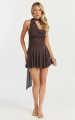 Karla Mini Dress - Asymmetric Tie Neck Fit And Flare Dress in Chocolate