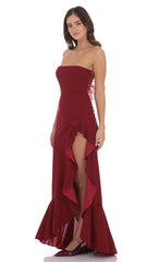 Corset Strapless Back Bow Maxi Dress in Maroon