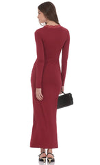 Long Sleeve Lace Trim Maxi Dress in Maroon