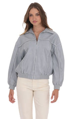 Faux Leather Bomber in Ash Blue