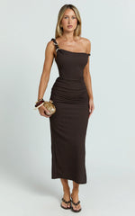 Tilly Midi Dress - Stretch Fitted Shoulder Trim Side Split Dress in Chocolate