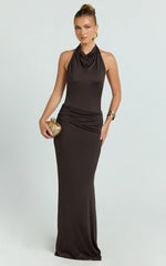 Lizzy Maxi Dress - Backless Ruched Bodycon Dress in Chocolate