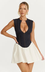 Schiffer Mini Dress - Low Cut Notch Neck Contrast Denim Mini Dress in Raw