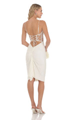 Mesh Floral Shimmer Cutout Midi Dress in Ivory
