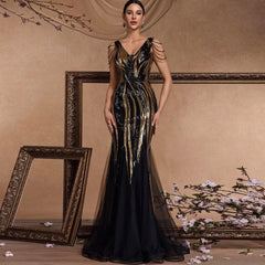 Black and Gold Sequin Evening Dress with V-neck and Sweep/Brush Train - Rosymae