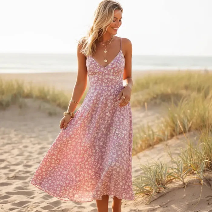 Boho Beach Hut Midi Dress, Summer Dress, Floral Midi Dress Boho Floral Tie Back Midi Sundress Pink / S