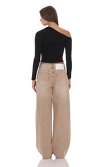 Drawstring Wide Leg Jeans in Camel