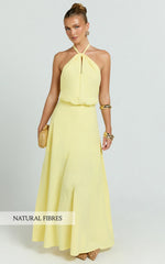Violetta Maxi Dress - Backless Linen Look Hater Neck Dress in Lemon