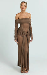 Velma Maxi Dress - Jersey Long Sleeve Off Shoulder Twist Skirt Dress in Brown