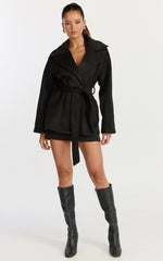 Dahlia Coat - Single Breasted Belted Short Wool Like Coat in Black