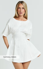 Dylan Mini Dress - High Boatneck Sleeved Fit And Flare Skirt Dress in White