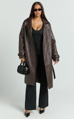 Vicki Trench Coat - Faux Leather Washed Trench Coat in Chocolate