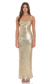 Sequin Square Neck Fitted Maxi Dress in Gold