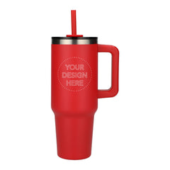 Customized Pinnacle 40 oz Recycled stainless steel Vacuum Insulated Tumbler with Straw in red.