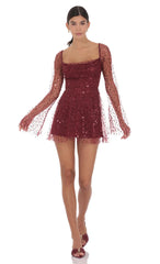 Sequin Beaded Long Sleeve Fit and Flare Dress in Burgundy
