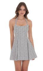 Floral Striped Halter Open Back Dress in Black and White