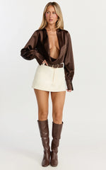 Zephyr Bodysuit - Plunge Neck Cowl Bodysuit in Chocolate