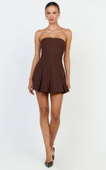 Kalliste Mini Dress - Strapless Godet Pleat Fit And Flare Dress in Chocolate